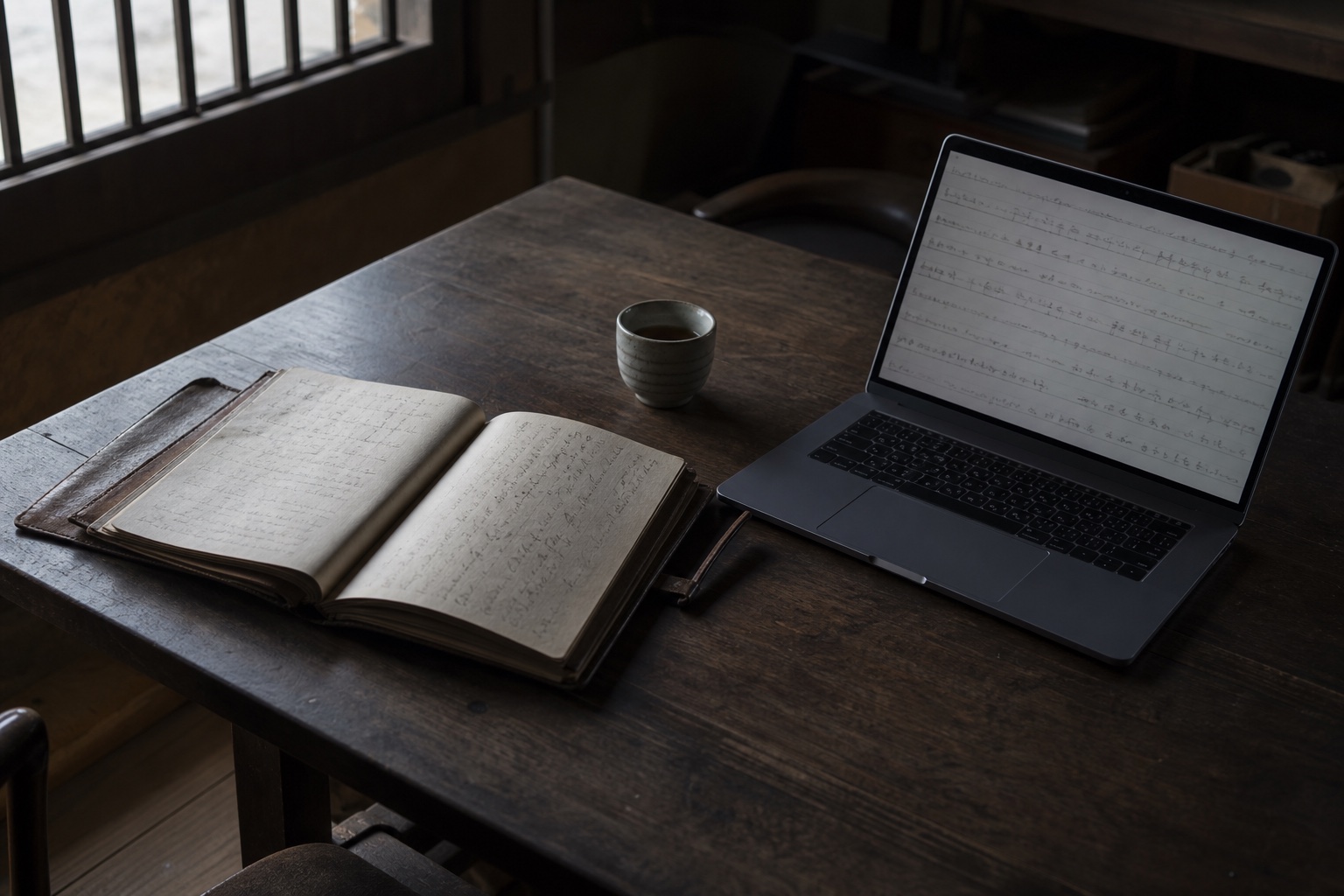 使い込まれた手帳の手書きメモと、その内容が移し替えられたノートPCの画面