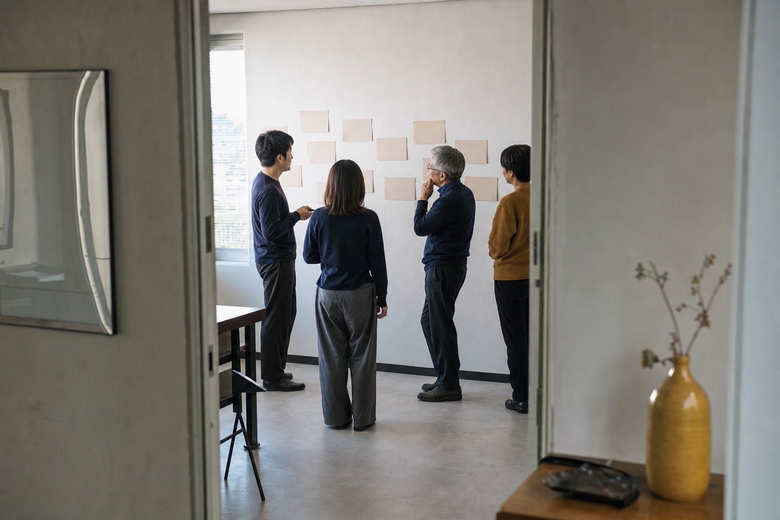 世代の異なる社員が壁に貼ったカードを囲んで議論する様子